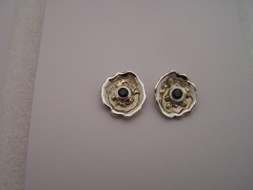 Silver & 18ct Gold stud earrings with green Sapphires
